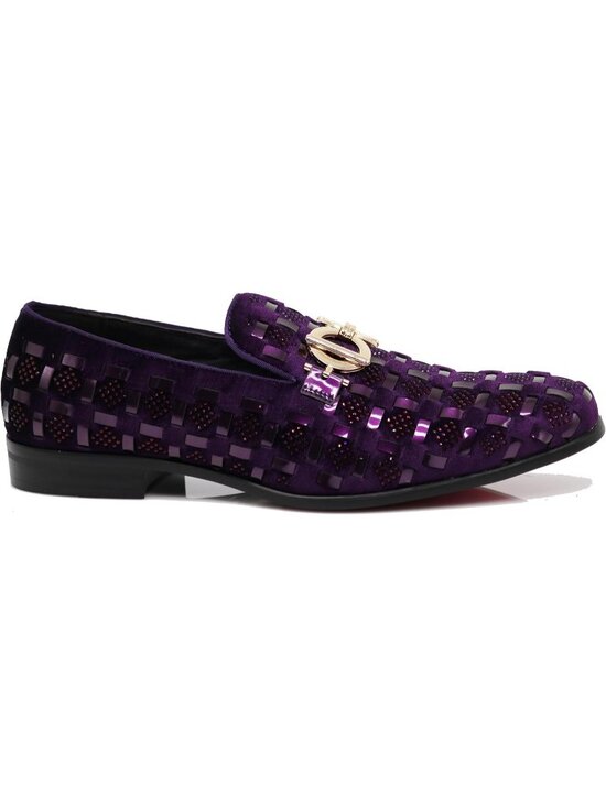 PARRAZO Men\'s Purple Glitter Rhinestone Loafer Metal Buckle Slip On Formal Shoes